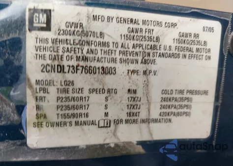 2006 Chevrolet Equinox Lt from USA, damaged, VIN 2CNDL73F766013003